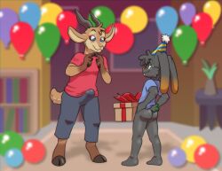 2022 2_horns absurd_res antelope anthro ass balloon bedroom_eyes birthday birthday_hat black_body black_bottomwear black_clothing black_ears black_fur black_hair black_pants black_tail blue_clothing blue_eyes blue_shirt blue_t-shirt blue_topwear blush book bookshelf bottomless bottomwear bovid brown_body brown_ears brown_fur brown_horn brown_nose brown_tail buckteeth carpet charliepops clothed clothing digital_media_(artwork) duo erection erection_under_clothing fur furniture gift green_eyes green_tail hair half-closed_eyes hands_on_hips hat headgear headwear henri_(r3drunner) hi_res hooved_toes hooves horn inflatable inside lagomorph leporid looking_at_another looking_down male mammal multicolored_body multicolored_ears multicolored_fur narrowed_eyes nervous pants partially_clothed party party_hat plant rabbit red_clothing red_shirt red_t-shirt red_topwear scut_tail seductive shirt short_tail smile standing t-shirt table tail teeth topwear two_tone_body two_tone_ears two_tone_fur two_tone_tail vase vesairus
