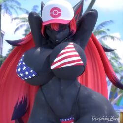 3d american_flag_bikini animated armpits arms_up bedroom_eyes big_breasts big_thighs blue_eyes bouncing_breasts closed_eyes dividebyzero female_only fur furry huge_breasts huge_thighs hyper lollipop long_hair looking_at_viewer music nintendo pokemon pokemon_(species) print_bikini print_swimwear solo solo_female sound sound_warning swaying swaying_breasts swaying_hips swimwear tagme video zoroark