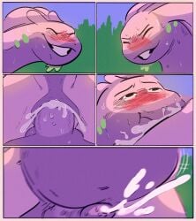 after_transformation anal anal_sex anus belly blush bodily_fluids closed_eyes colored comic cum cum_in_ass cum_in_mouth cum_inside ejaculation fellatio generation_6_pokemon genital_fluids goodra group hi_res looking_pleasured male male/male male_penetrated male_penetrating male_penetrating_male nintendo oral penetration penile pokemon pokemon_(species) sex trio zoba_(artist)