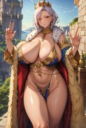 1girls ai_generated female_focus female_only huge_breasts looking_at_viewer mature_female milf queen seductive_look stable_diffusion voluptuous voluptuous_female wealthy_female white_hair