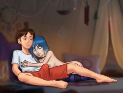 1boy 1girls 2d areolae blue_eyes blue_hair bottomless breasts breasts_out brown_hair bulge bulge_through_clothing clothed clothing darkcookie digital_drawing_(artwork) digital_media_(artwork) duo erect_penis erection erection_under_clothes eve_(summertime_saga) female laying_down laying_on_back laying_on_side legwear light-skinned_female light-skinned_male light_skin looking_at_another looking_at_partner looking_at_penis looking_down main_character_(summertime_saga) male male/female nipples nude nude_female on_back on_side partially_clothed perky_breasts petite petite_body shirt shocked shocked_expression shorts small_breasts smile smiling spread_legs stockings striped striped_legwear summertime_saga teenage_girl teenager tent thick_thighs topless two_tone_hair