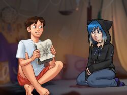 1boy 1girls 2d blue_eyes blue_hair bottomwear brown_hair clothed clothing darkcookie digital_drawing_(artwork) digital_media_(artwork) duo eve_(summertime_saga) female holding holding_object hood hood_up hooded_jacket jeans light-skinned_female light-skinned_male light_skin looking_at_another looking_at_partner main_character_(summertime_saga) male male/female pants shirt shorts sitting smile smiling summertime_saga surprised surprised_expression teenage_girl teenager tent topwear two_tone_hair
