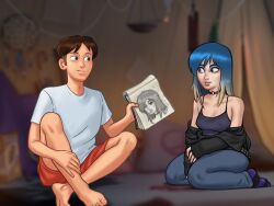 1boy 1girls 2d blue_eyes blue_hair bottomwear breasts brown_hair cleavage clothed clothing darkcookie digital_drawing_(artwork) digital_media_(artwork) drawing duo eve_(summertime_saga) female holding_object hood_down hooded_jacket jeans light-skinned_female light-skinned_male light_skin looking_at_partner main_character_(summertime_saga) male male/female nipples_visible_through_clothing pants shirt shocked shocked_expression shorts sitting small_breasts smile smiling summertime_saga surprised_expression teenage_girl teenager tent topwear two_tone_hair unzipped unzipped_jacket
