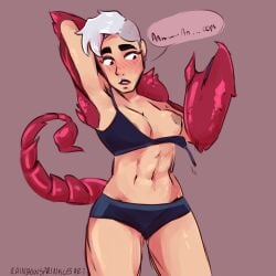 abs embarrassed exposed_breasts exposed_nipples muscular_female rainbowsprinklesart scorpia_(she-ra) scorpion_tail she-ra_and_the_princesses_of_power short_hair snapped_bra sports_bra tagme undercut wardrobe_malfunction