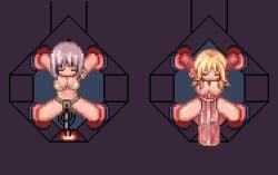 2girls blonde_hair dancer dancer_(ragnarok_online) female female_only high_priest high_priest_(ragnarok_online) mechanical_fixation multiple_girls pixel_art purple_hair ragnarok_online restrained rodotgif sex_machine vaginal_penetration