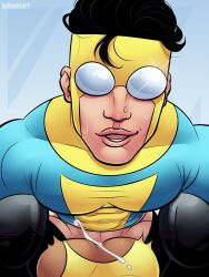 asian_male black_hair cum_on_ass faceless_female handsome image_comics invincible invincible_(comics) male male_focus mark_grayson pullaskiart slicked_back_hair sweat uncensored