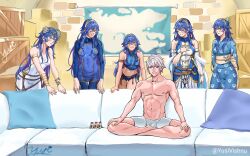 1boy 5girls abs alternate_costume aphrodisiac artist_signature bikini blue_bikini blue_eyes blue_hair blue_kimono blue_swimsuit blush breasts casting_couch closed_mouth couch covered_navel female fire_emblem fire_emblem_awakening fire_emblem_cipher fire_emblem_heroes grey_hair grin harem highres imminent_gangbang imminent_sex indian_style japanese_clothes kimono long_hair long_sleeves lucina_(fire_emblem) lucina_(spring)_(fire_emblem) lucina_(summer)_(fire_emblem) lucina_(valentine)_(fire_emblem) male meme multiple_girls multiple_persona muscular muscular_male nintendo obi official_alternate_costume on_couch piper_perri_surrounded robin_(fire_emblem) robin_(fire_emblem)_(male) role_reversal sash short_hair sitting sitting_indian_style small_breasts smile surrounded swimsuit tiara topless_male twitter_username underwear underwear_only viagra white_hair you_gonna_get_raped yusi_vishnu