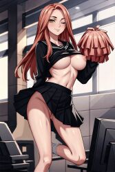 ai_generated breasts_out cheerleader no_panties orange_hair pom_poms pubic_hair school_uniform shirt_lift tokyo_revengers winking_at_viewer yuzuha_shiba