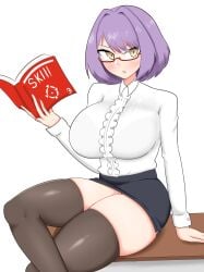 1girls azur_lane blush book breasts clothed clothing desk female female_only glasses gloucester_(azur_lane) huge_breasts light-skinned_female light_skin looking_at_viewer madei_d purple_hair royal_navy_(azur_lane) sitting_on_desk skirt solo stockings teacher yellow_eyes