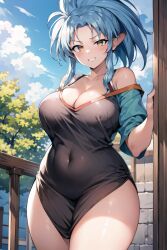 acl_noraai ai_generated aqua_hair big_hair blue_hair breasts cleavage curvy elf evil_grin evil_smile female from_below huge_breasts humanoid large_breasts long_hair looking_at_viewer off_shoulder outdoors pointy_ears ryoko_hakubi seductive_smile self_upload shiny_skin solo spiky_hair standing tenchi_muyo! thick_thighs yellow_eyes