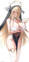 1girls absurdres arm_under_breasts azur_lane blonde_hair breast_cutout breasts cleavage covered_nipples cowboy_shot cum_in_container cum_in_cup cup fake_horns female framed_breasts gold_trim hair_between_eyes halo highres holding holding_cup horns huanyi_huanhuanzi huge_breasts implacable_(azur_lane) light-skinned_female light_skin long_hair looking_at_viewer mechanical_halo nun open_mouth red_eyes revealing_clothes royal_navy_(azur_lane) see-through simple_background skindentation solo standing thighhighs very_long_hair white_background white_horns white_thighhighs