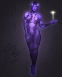 1girls 2d_(artwork) blue_eyes breasts cortana cortana_v1 halo_(series) hips holding_object looking_at_viewer medium_breasts pickledgear purple_hair thick_thighs thighs tummy