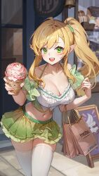 1girls belly_button blonde_hair blush crop_top elf elf_ears elf_female elf_girl game_cg green_eyes ice_cream isekai_slow_life leggings lina_(isekai_slow_life) looking_at_viewer pointy_ears ponytail shopping_bag