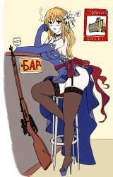 blonde_hair blue_eyes blush collar dress drunk drunk_bubbles flower_in_hair garter_straps girls'_frontline hair_ornament high_heel_sandals large_breasts long_gloves monochrome mosin-nagant mosin-nagant_(girls'_frontline) necklace party_dress platform_heels rifle sitting_on_chair thighhighs wide_hips