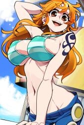 1girls absurd_res bikini bikini_top bongfillstudent breasts female female_only hand_behind_head jeans long_hair looking_at_viewer nami nami_(one_piece) nipple_bulge one_piece orange_eyes orange_hair post-timeskip smiling smiling_at_viewer solo striped_bikini tattoo tattoo_on_arm