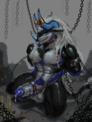 absurd_res anthro bodily_fluids bondage bondage bound chains dragon erection fur furred_dragon genital_fluids hi_res leaking_precum male muscular precum raijin_(vekyn) simple_background solo tagme vekyn