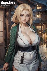 ai_generated big_breasts blonde_hair blue_eyes breasts cleavage curvy female female_only forehead_jewel forehead_mark green_jacket huge_breasts jacket japanese_clothes kimono large_breasts looking_at_viewer mommy naruto naruto:_the_last naruto_(classic) naruto_(series) naruto_shippuden solo solo_female solo_focus supr3metr tsunade