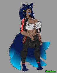 1futa abs amber_eyes animal_ears balls betafuta big_breasts blue_hair blue_tongue breasts bulge bursting_breasts clothed clothing dark-skinned_futanari dark_skin digitigrade flaccid fox_ears fox_girl fox_tail fully_clothed futa_only futanari huge_balls huge_cock humanoid kemonomimi muscular penis self_upload solo standing tail tight_clothing tongue_out