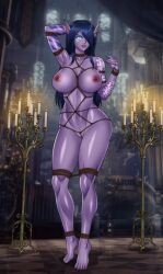 1girls big_breasts blizzard_entertainment bondage lavionartz original_character purple_hair purple_skin restrained rope tattoo thick_thighs varraindora void_elf warcraft world_of_warcraft