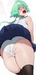 1girls accidental_exposure animal_ears ass ass_focus blue_skirt blush cameltoe embarrassed exposed_panties female female_only genshin_impact green_hair light-skinned_female long_hair looking_at_viewer nervous okpriko open_mouth panties pussy skirt skirt_lift sleeveless small_pupils solo sucrose_(genshin_impact) surprised sweatdrop thick_thighs thighs uniform white_background white_panties yellow_eyes