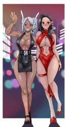 2girls absurdres belly_button big_breasts black_dress black_eyes black_hair blush boob_window bracelets bunny_ears chocolate_and_vanilla cleavage deaf_(artist) dress ear_piercing fanart gold_jewelry hands_on_shoulders high_heels hips long_hair looking_at_viewer miruko momo_yaoyorozu my_hero_academia red_dress red_eyes rumi_usagiyama smile smiling_at_viewer thighs voluptuous voluptuous_female white_hair