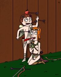 1boy 1girls archery cum_in_mouth female funny licking_penis male rick_and_morty