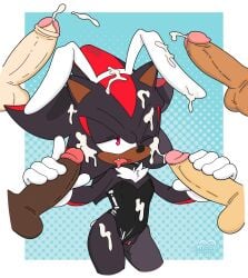 andromorph anthro arrow_hearted balls bodily_fluids bukkake bunny_costume clothing costume cum cum_covered cum_on_face cuntboy disembodied_penis genital_fluids genitals group handjob hi_res intersex intersex/male male messy penile penis pussy rabbit_ears sega sex shadow_the_hedgehog sonic_(series) sonic_the_hedgehog_(series)