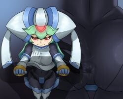 android armor big_ass breasts darkafterdark green_hair groping mega_man mega_man_zx mega_man_zx_advent pandora_(mega_man) red_eyes reploid spread_anus