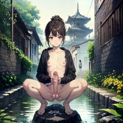 1futa ai_generated barely_clothed black_jacket brown_eyes brown_hair enjuuji flat_chest futa_only futanari hitomi_kato holding_penis looking_at_viewer pale-skinned_futanari pale_skin plant ponytail shortstack small_breasts sole_futa temple water