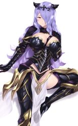 1girls armor bare_thighs black_armor black_capelet black_panties blush boots breastplate breasts cait_aron camilla_(fire_emblem) capelet cleavage faulds female female female_only fire_emblem fire_emblem_fates gauntlets greaves hair_over_one_eye highres inner_thighs large_breasts long_hair looking_at_viewer nintendo panties pelvic_curtain purple_eyes purple_hair smile solo thigh_boots thighs tiara underwear wavy_hair white_background