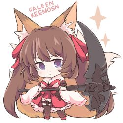 bare_shoulders blue_eyes brown_hair caleen_keemosn chibi choker cleavage cute detached_sleeves eyebrows_visible_through_hair female female_only fox_ear fox_girl fox_tail garter garter_belt garter_straps hair_ribbon kemonomimi kitsunemimi large_breasts looking_at_viewer miko multiple_tails rudobekia runes scythe simple_background star_ocean star_ocean_anamnesis text_in_background thighhighs twintails very_long_hair weapon