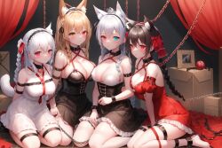 ai_generated animal_ears bedroom benmccannon_(artist) black_hair blonde_hair bondage bondage chains collar heterochromia silver_hair slave