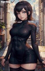 ai_generated bell_haircut black_dress black_hair blue_eyes dark_hair female female_only fit fit_female hotel_transylvania looking_at_viewer mavis_dracula medium_breasts short_hair small_waist solo solo_female supr3metr thighs wide_hips