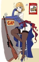 blonde_hair blue_eyes blunt_bangs blush bob_cut collar dress drunk drunk_bubble earrings garter_straps girls'_frontline high_heel_sandals large_breasts long_gloves monochrome mosin-nagant mosin-nagant_(girls'_frontline) necklace party_dress platform_heels rifle sitting_on_chair thighhighs wide_hips