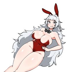 1girls azur_lane belly_button belly_button_visible_through_clothing blush breasts bunnysuit cleavage clothed clothing embarrassed eyebrows_visible_through_hair fake_animal_ears fake_rabbit_ears female female_only grey_eyes grey_hair huge_breasts light-skinned_female light_skin looking_at_viewer madei_d red_bunnysuit sardegna_empire_(azur_lane) solo sweatdrop vittorio_veneto_(azur_lane) white_background