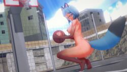 1girls 3d arms bare_shoulders barefoot basketball belly big_ass blue_hair bottomless brand_new_animal breasts cat_ears exposed_breasts exposed_nipples female female_focus female_only fluffy_tail fully_nude furry furry_female image legs legs_apart looking_at_viewer michiru_kagemori muscle_girl naked naked_female nipples no_bra no_panties nude nude_female outdoors outside pinup shoulders sole_female squatting tanuki tenguyurilove topless