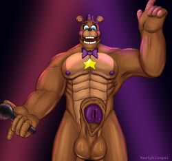 2022 abs absurd_res animatronic anthro areola balls barazoku bear biceps big_balls big_penis black_nose blue_eyes blush blush_stickers bodily_fluids bow_tie brown_body brown_fur clothing digital_media_(artwork) erection eyebrows five_nights_at_freddy's foreskin freddy_fazbear's_pizzeria_simulator fur genitals glans hat headgear headwear hi_res holding_microphone holding_object humanoid_genitalia humanoid_penis long_foreskin machine male male_only mammal microphone mostly_nude muscular muscular_anthro muscular_male nastybluepal nipples open_mouth open_smile partially_retracted_foreskin pecs penis robot rockstar_freddy scottgames smile solo star sweat sweaty_balls sweaty_genitalia sweaty_penis tan_body tan_fur teeth top_hat whisker_spots