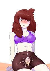 bangs between_thighs bewitching_thighs bike_shorts blush brown_hair clothes cum cum_on_clothes female femdom gooeydino jaiden jaiden_animations jaidenanimations leggings lewderthanblue licking_lips massage medium_hair penis sports_bra sweat youtube youtubers