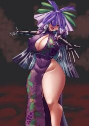 1girls akitissue alternate_version_at_source big_breasts big_thighs black_hair boob_window cleavage clothed_female gloves hat hug huge_breasts light-skinned_female long_gloves long_hair nipple_bulge solo solo_female thick_thighs thighs touhou yomotsu_hisami