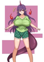 1girls big_breasts blush clothed_female horn light-skinned_female long_hair nipple_bulge pointy_ears purple_hair red_eyes shorts solo solo_female tail tenkajin_chiyari thighs touhou we_(bose-f) white_background