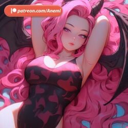 ai_generated anemi armpits arms_up breasts cute demon pink_eyes pink_hair succubus succubus_horns succubus_wings