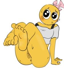 1girls anus ass big_eyes clitoris close-up cursed_emoji emoji_(race) feet feet_up female female_only foot_fetish no_background no_mouth no_panties no_sex partially_clothed pussy solo steam sweat sweating tie topwear yellow_skin