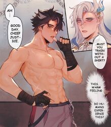 2boys abs blushing enesfwee genshin_impact male_focus male_only muscles neuvillette_(genshin_impact) posing pubes scars_all_over wriothesley_(genshin_impact) yaoi