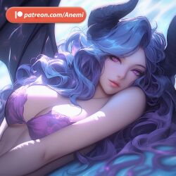 ai_generated anemi blue_hair demon pink_eyes succubus succubus_horns succubus_wings water