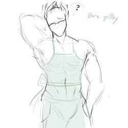 1:1 1:1_aspect_ratio 1boy 2020s 2022 ? abosinsin apron bad_id bad_twitter_id bara character_name eyebrow_raise fire_elemental grillby hand_behind_head hand_in_pocket head_tilt male male_only muscular muscular_male pants sketch solo solo_male spoken_question_mark tilted_head undertale undertale_(series) white_background