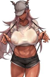 1girls 2019 :p areolae breasts cabbie_hat clothing crop_top dark-skinned_female dark_skin demon_girl demon_horns demon_queen_wife_(pepe_(jonasan)) earrings female female_only hat highres horns huge_breasts jewelry large_areolae long_ears long_hair looking_at_viewer midriff navel nipples nipples_visible_through_clothing no_bra one_eye_obstructed original pepe_(jonasan) pointy_ears purple_hair red_eyes seductive see-through see-through_clothing shirt short_shorts shorts simple_background smile solo standing suspenders suspenders_pull thick_thighs thighs tight_clothing tongue tongue_out very_long_hair white_background white_shirt