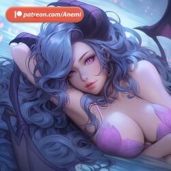 ai_generated anemi blue_hair demon pink_eyes succubus succubus_horns succubus_wings water wet