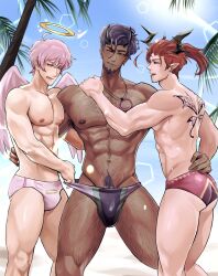 angel ass beach devil kistago male_only seraph_kade speedo tattoo thombrownie threesome