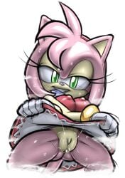 2023 amy_rose anthro bodily_fluids bottomless breasts clothed clothing dress erect_nipples eulipotyphlan female genital_fluids genitals gloves green_eyes hair handwear hedgehog hi_res hotred is_(artist) mammal multicolored_body nipple_outline nipples pink_body pink_hair plump_labia pussy pussy_juice sega servedasis smile solo sonic_(series) sonic_the_hedgehog_(series) sweat sweaty_legs sweaty_thighs tan_body two_tone_body