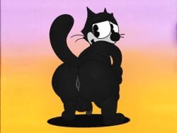 2023 anthro anus ass balls bedroom_eyes bent_over big_butt black_body black_ears black_eyes black_fur black_nose black_tail digital_media_(artwork) domestic_cat dreamworks felid feline felis felix_the_cat felix_the_cat_(series) fur genitals half-closed_eyes hand_on_knee hand_on_leg hi_res looking_back male mammal narrowed_eyes nekoni nude on_ground pac-man_eyes penis pie_cut_eyes presenting presenting_hindquarters seductive solo tail thick_thighs universal_studios whiskers